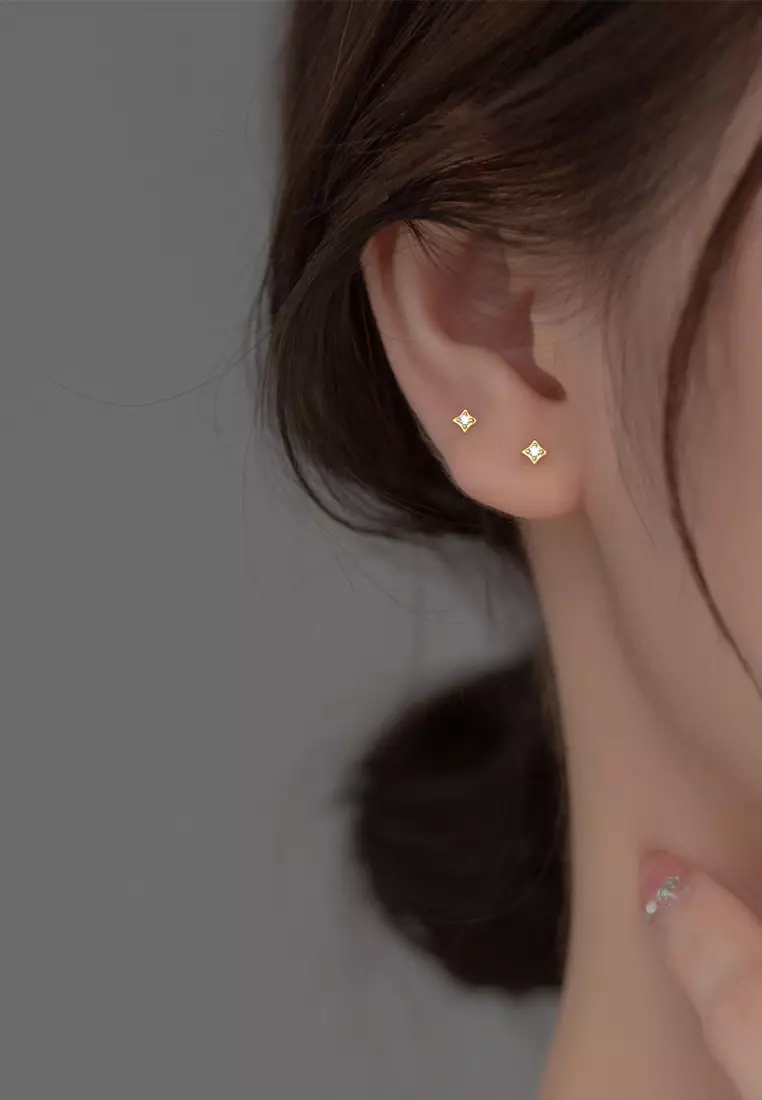 925 Silver Plated Gold Zircon Four Pointed Star Earrings JW AR-M02623