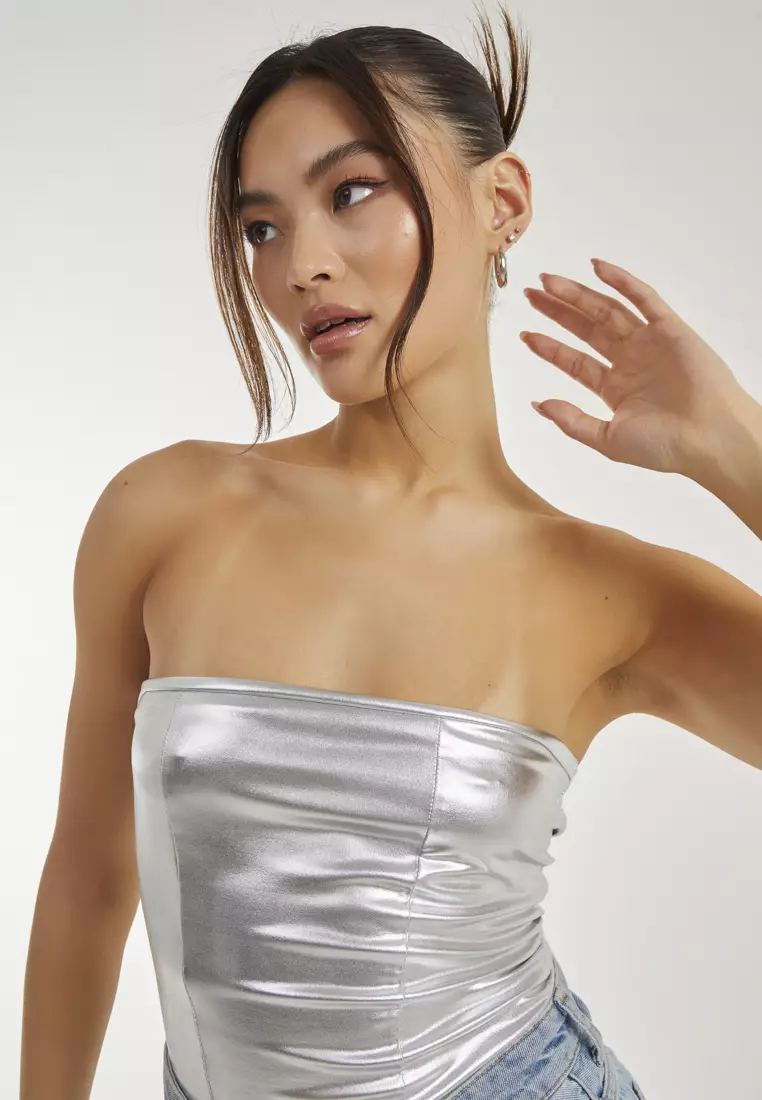 Pink Vanilla Silver Silver Metallic Pu Corset Top