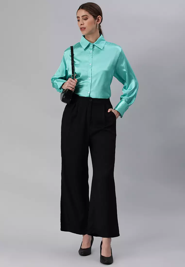 Aqua Long Sleeve Satin Shirt Blouse