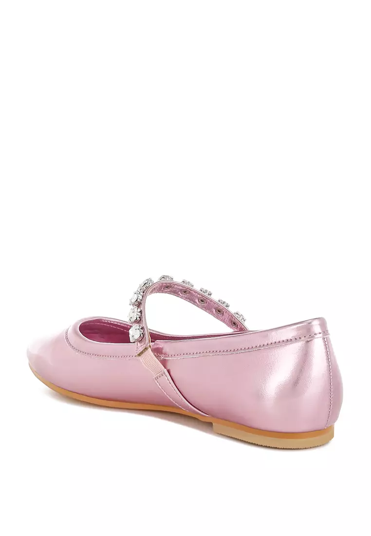 Sepatu Balerina Mary Jane Metalik Berwarna Merah Muda