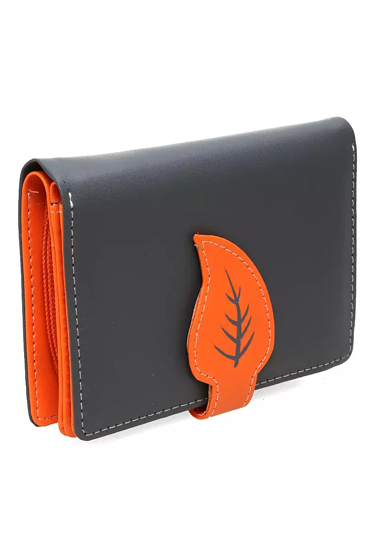 Fecesa Dompet Pendek Lipat Wanita Model Leaf Wallet Casual Many Slot Material Kulit Leather ORIGINAL - Gray Orange