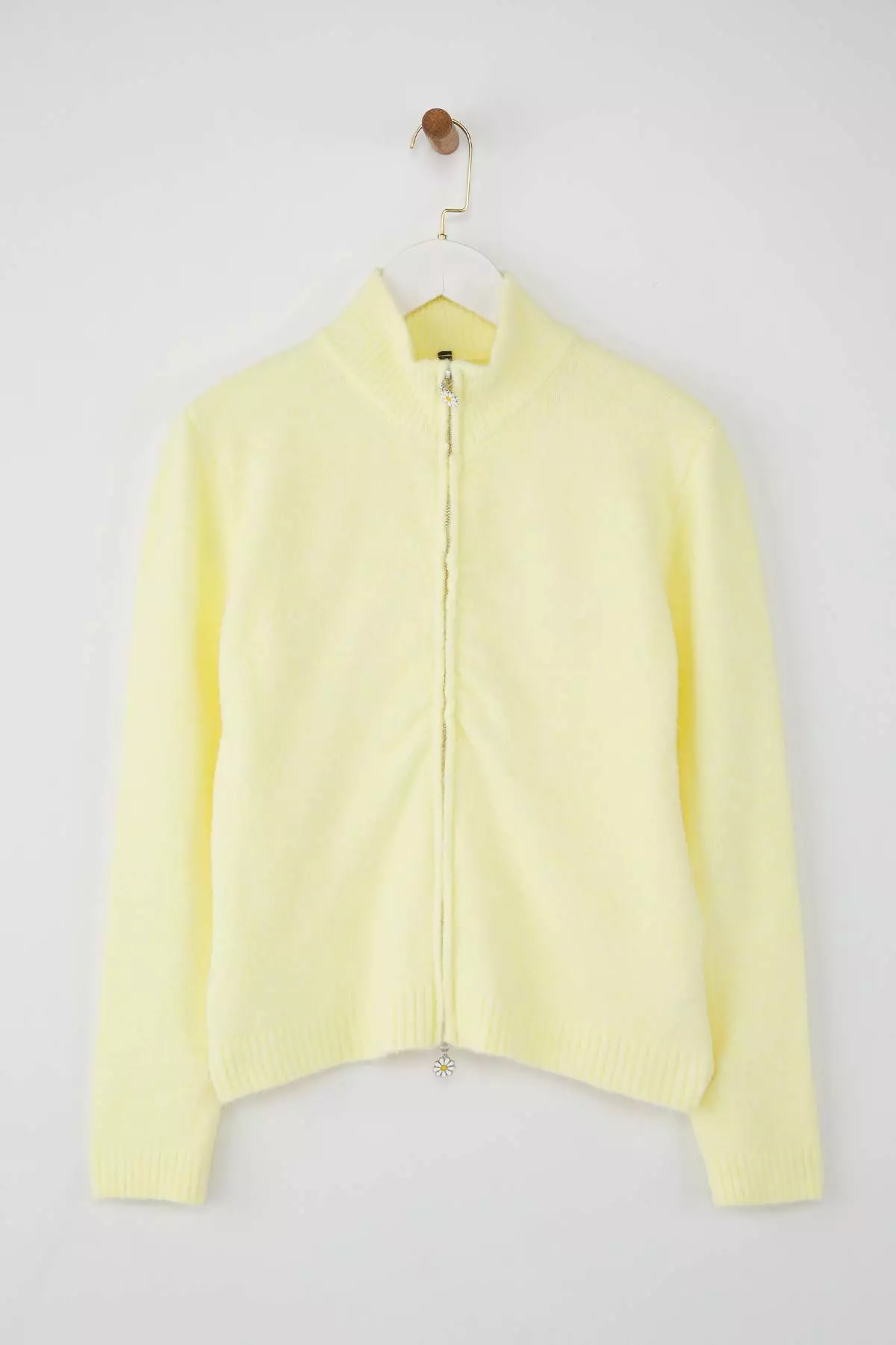 Wardrobe Essentials Yellow Wool Zippered Stand Collar Daisy Knit Cardigan | Twoaw26Hi00090