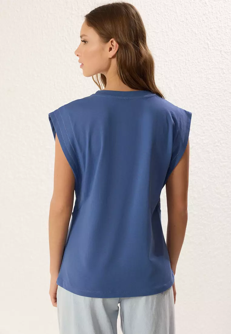 Indigo Relaxed/Comfortable Pattern Sleeve Stitching Detail Crew Neck Knitted T-Shirt