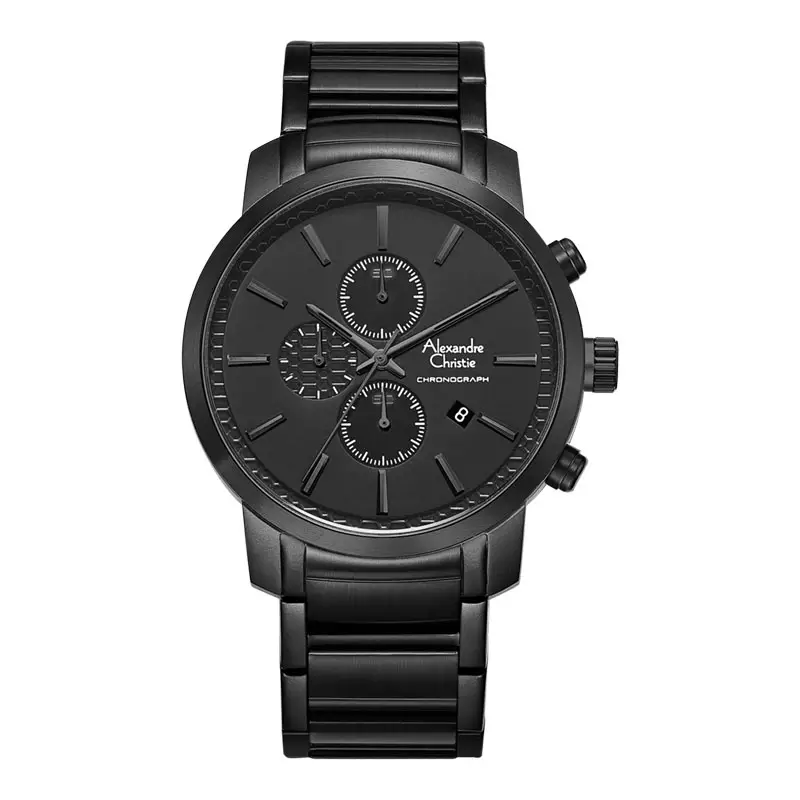 Jam Tangan Pria Alexandre Christie Chronograph AC 6660 MC BIPBA Men Black Dial Black Stainless Steel Strap