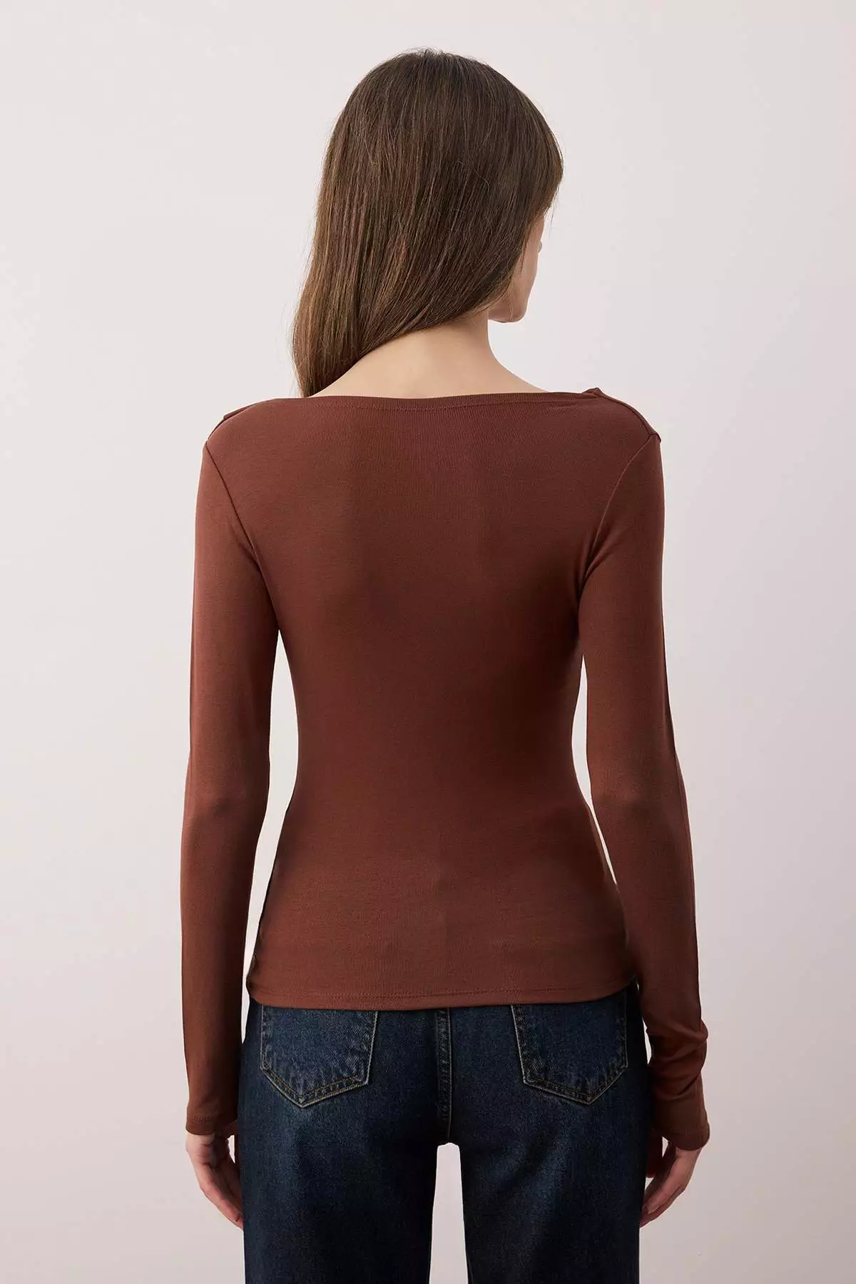 Brown Fitted/Bodycon Asymmetric Neckline Detailed Soft Fabric Knitted Blouse Twoaw26Bz88