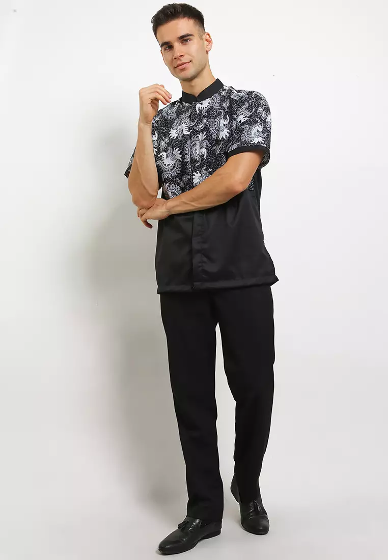 Hem Kemeja Batik Pria Lengan Pendek Koko Shanghai Katun Premium Faiz Black