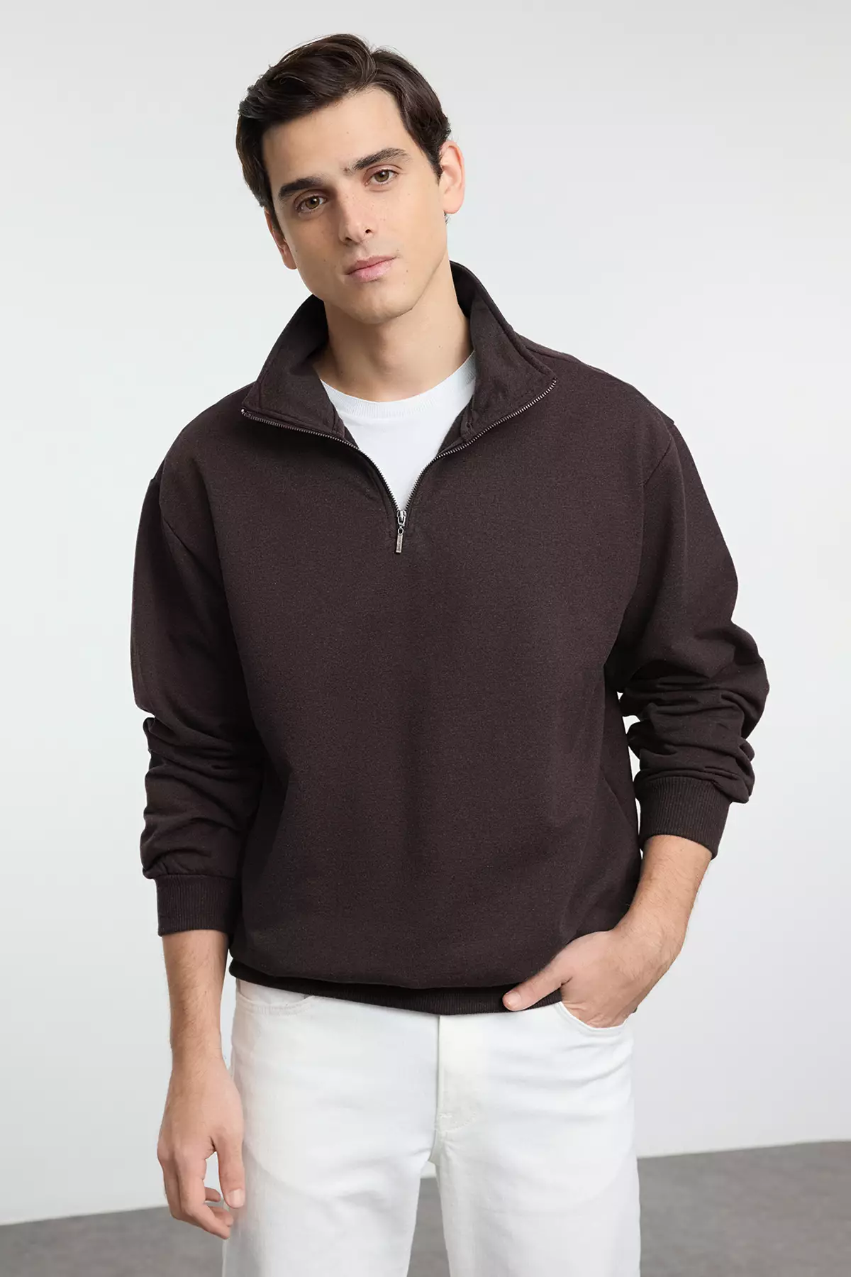 Dark Brown Oversize/Wide Stand Collar Zippered Label Fleece Inside Sweatshirt Tmnaw25Sw00168