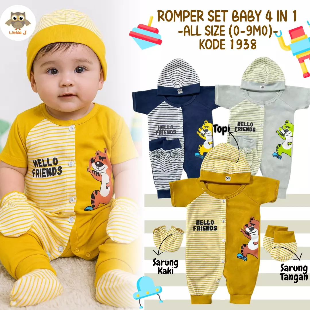 Little J-Romper bayi 4in1 motif singa set lengkap topi sarung,tangan & kaki dan bahannya adem 