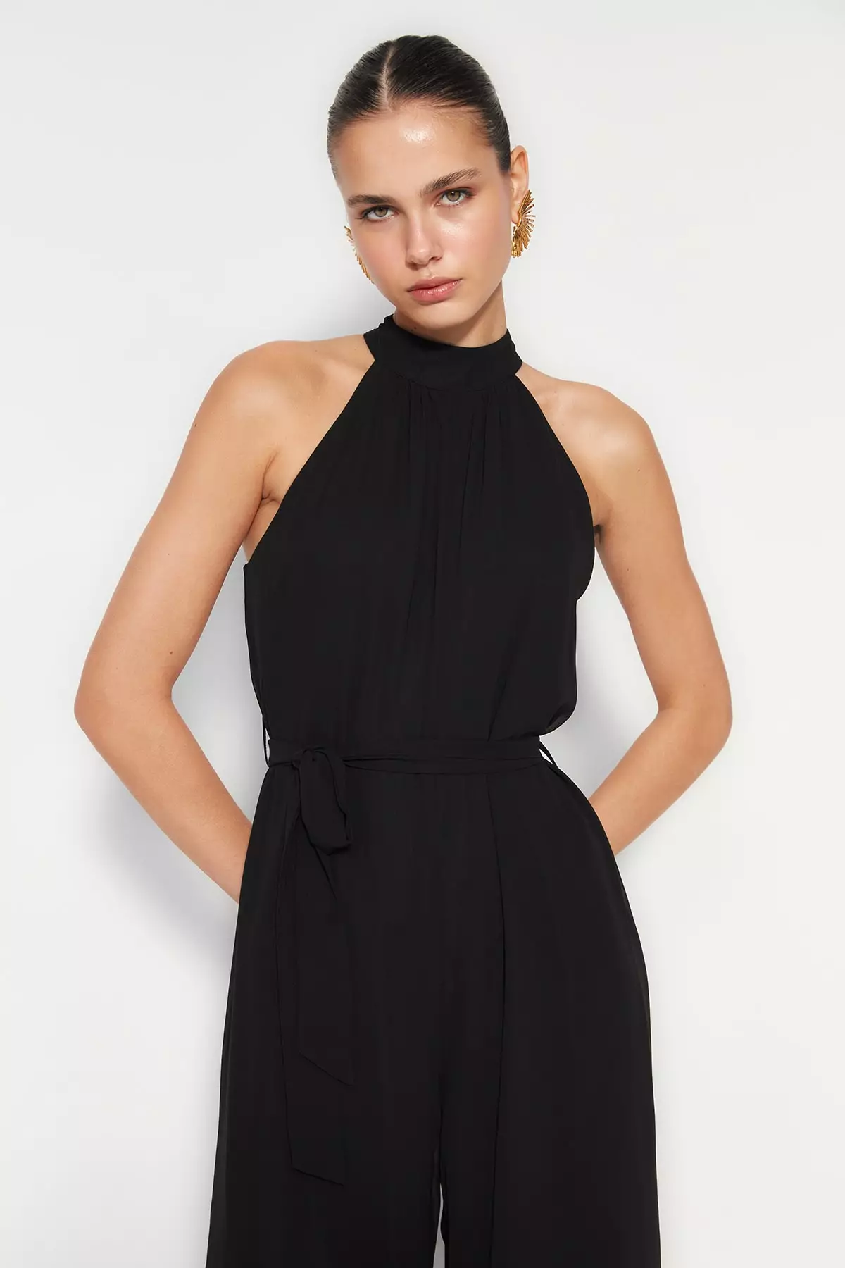 Belted Maxi Chiffon Lined Woven Jumpsuit