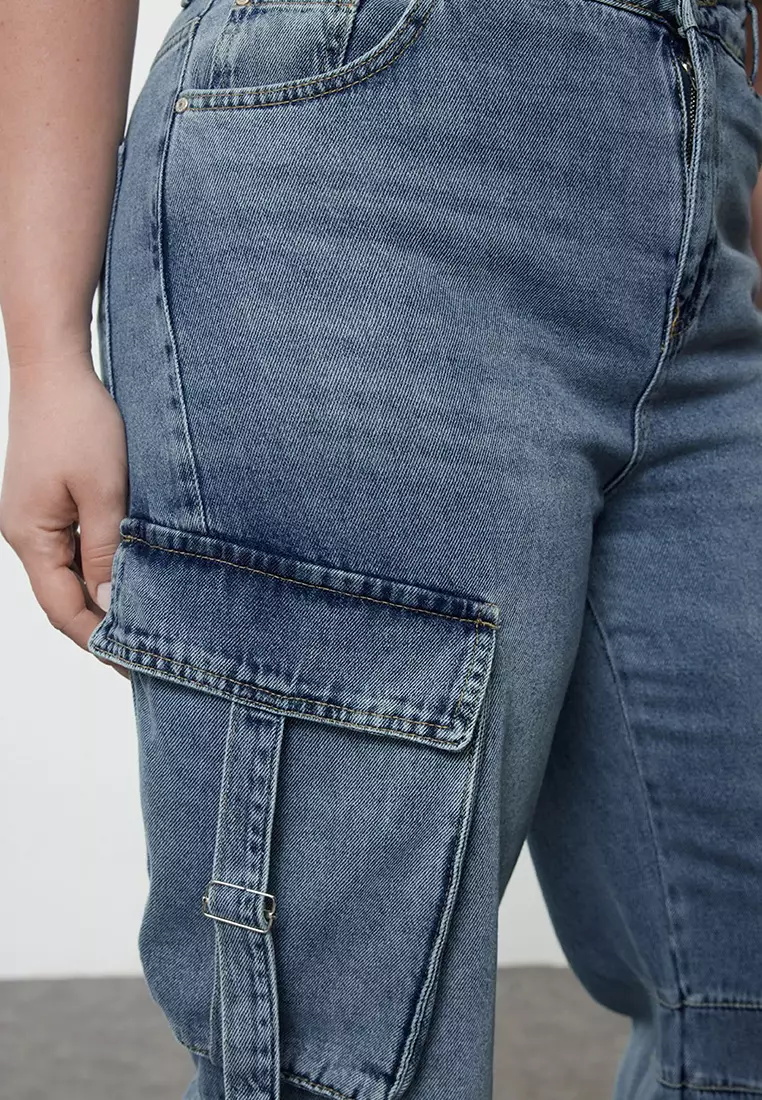 Blue High Waist Wide Leg Cargo Pocket Plus Size Wide Leg Jeans TBBSS24CJ00056
