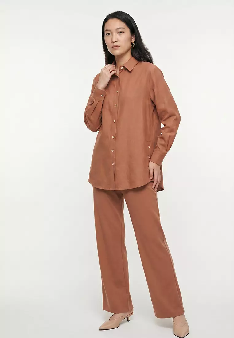 Light Brown Linen Look Mother-of-Pearl Buttoned Woven Bottom-Top Set TCTSS25US00029