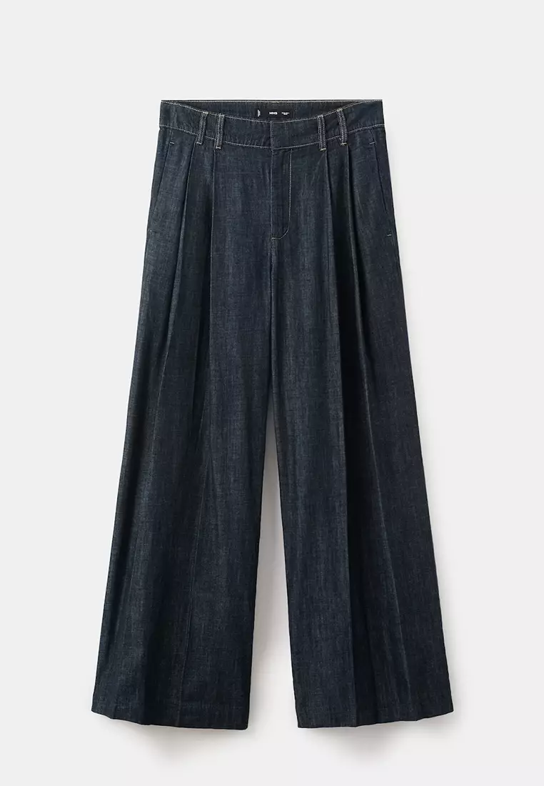 Wide Leg Denim Trousers With Belt Loops