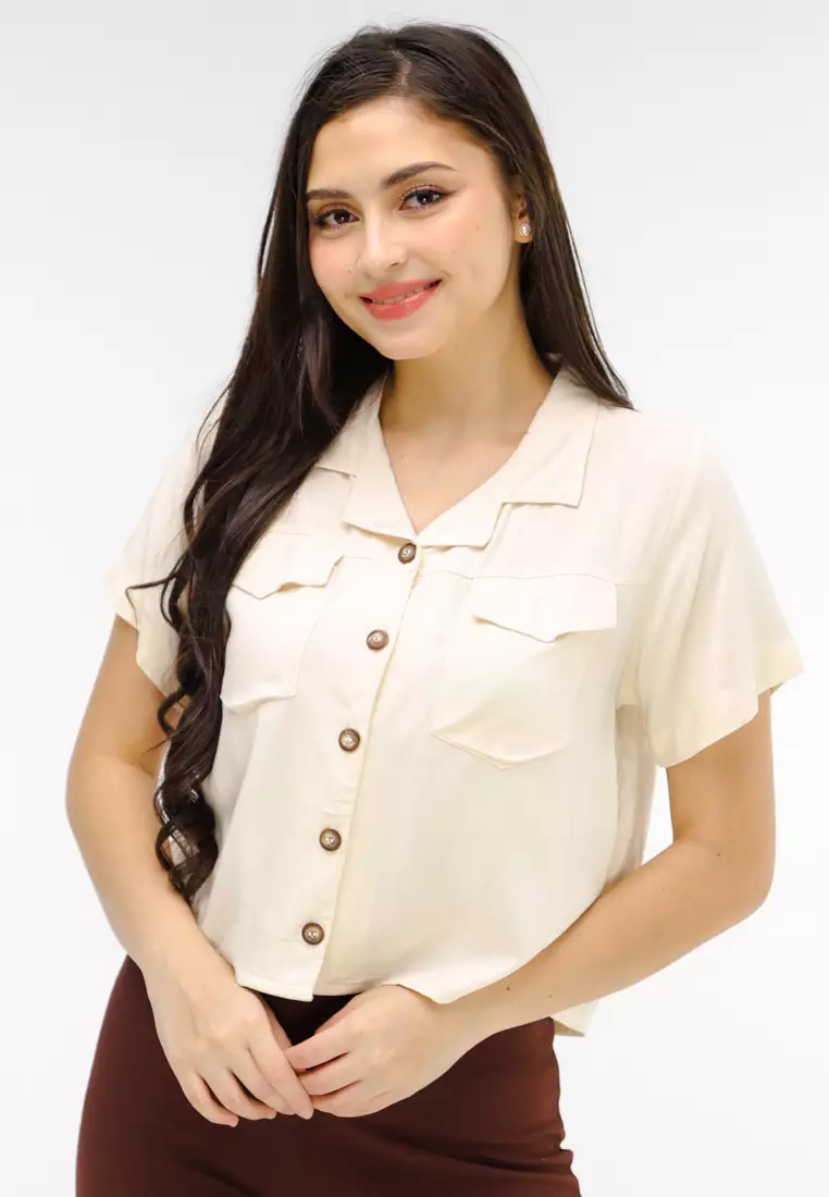 Woven Plain Rayon Short Sleeves Blouse