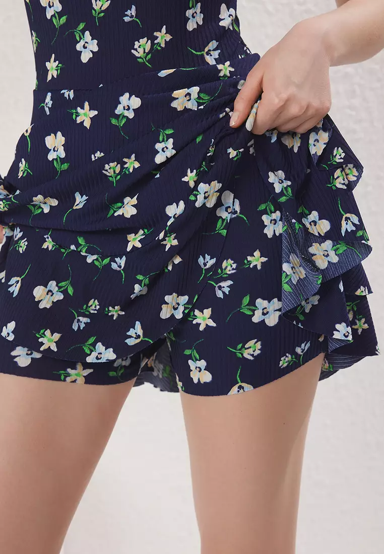 Navy Blue Printed Strappy Flounce Shorts Mini Jumpsuit TWOSS23TU00044
