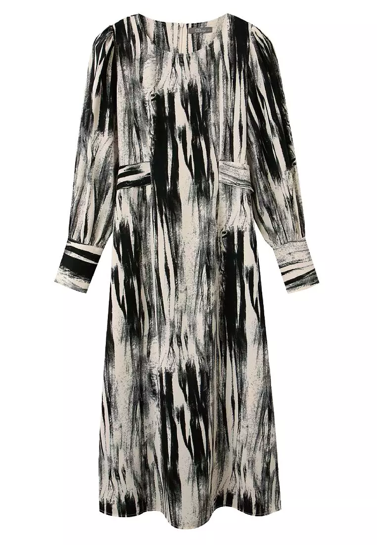 不易皺筆刷印花收腰綁帶長洋裝《DA9424》