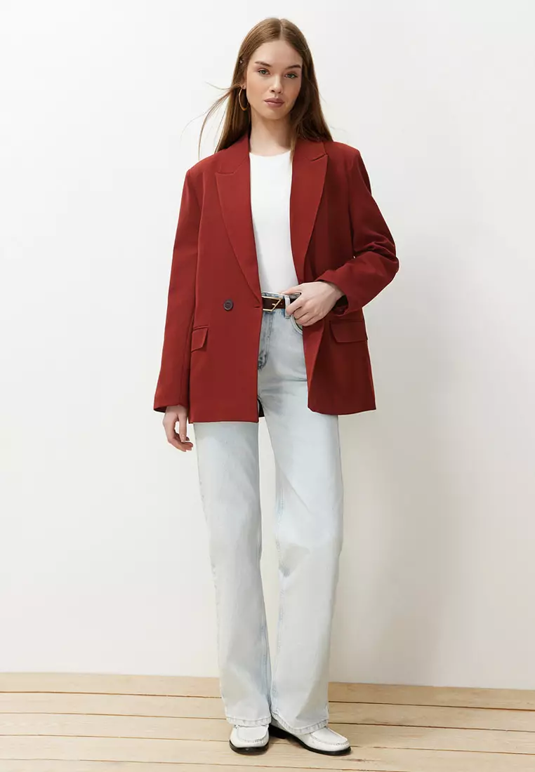 Burgundy Tile Oversize Straight Cut Basic Double-Breasted Woven Blazer Jacket Twoss24Bc28
