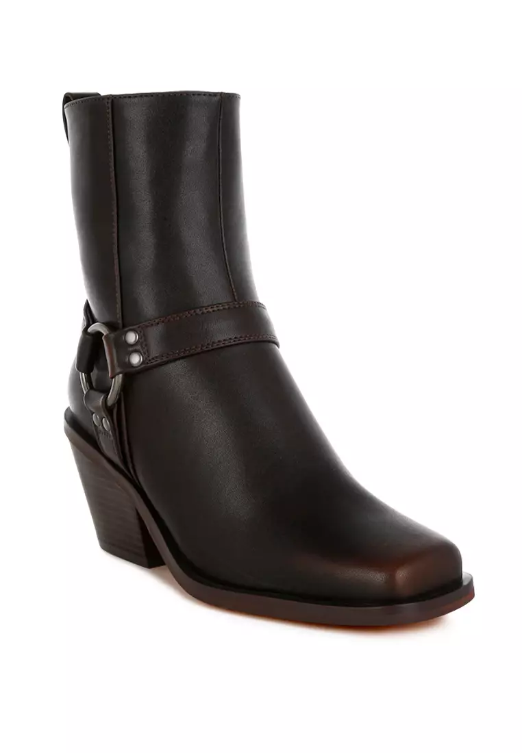 Elevated Harness Detail Ankle Boots in Brown