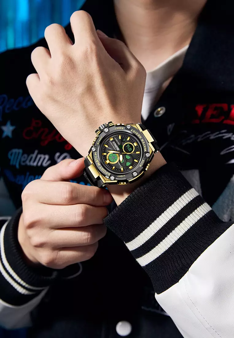 Jam Tangan Pria Original Digital&Analog Bercahaya  Anti Air Alarm Tali Silikon Jam Tangan Cowok Olahraga gold