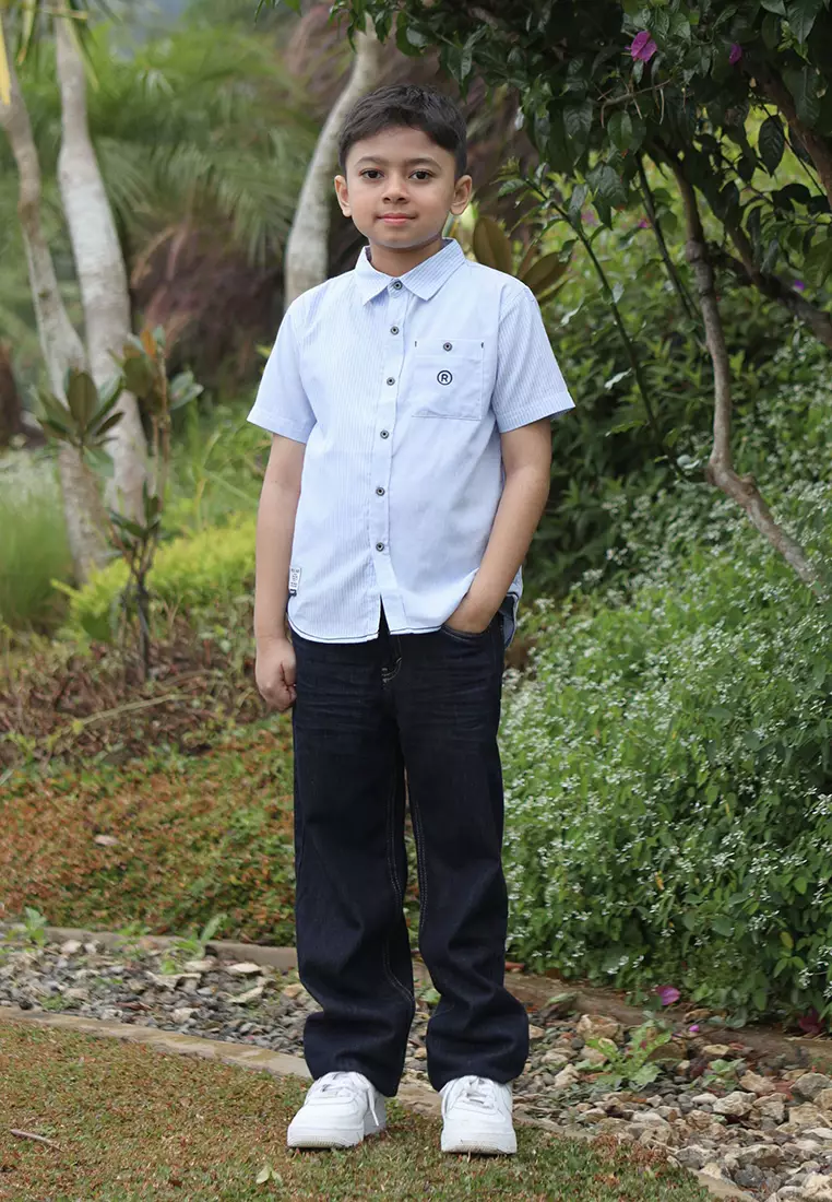 Kemeja Lengan Panjang Anak Laki Biru/ Baby Blue Stripe Short Sleeve Shirt/ Rj Sky Blue