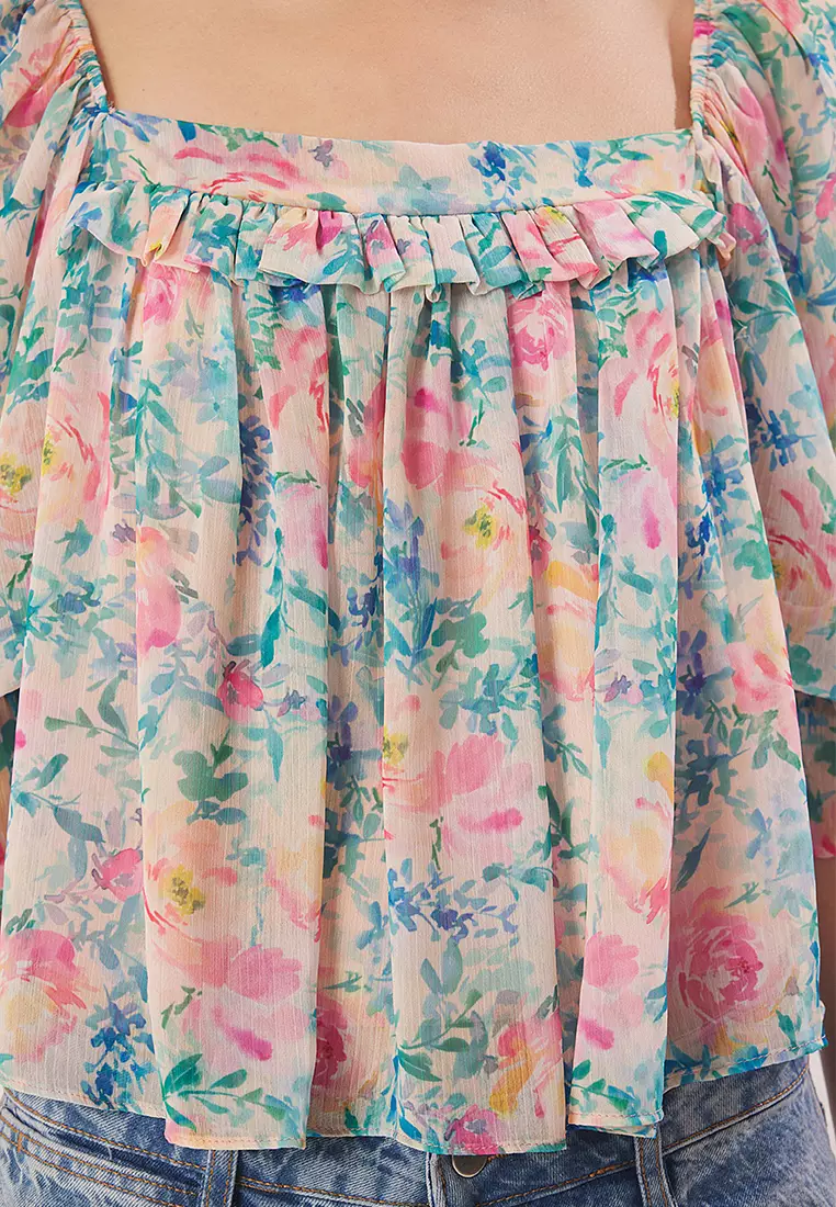 Green Chiffon Square Collar Balloon Sleeve Woven Blouse