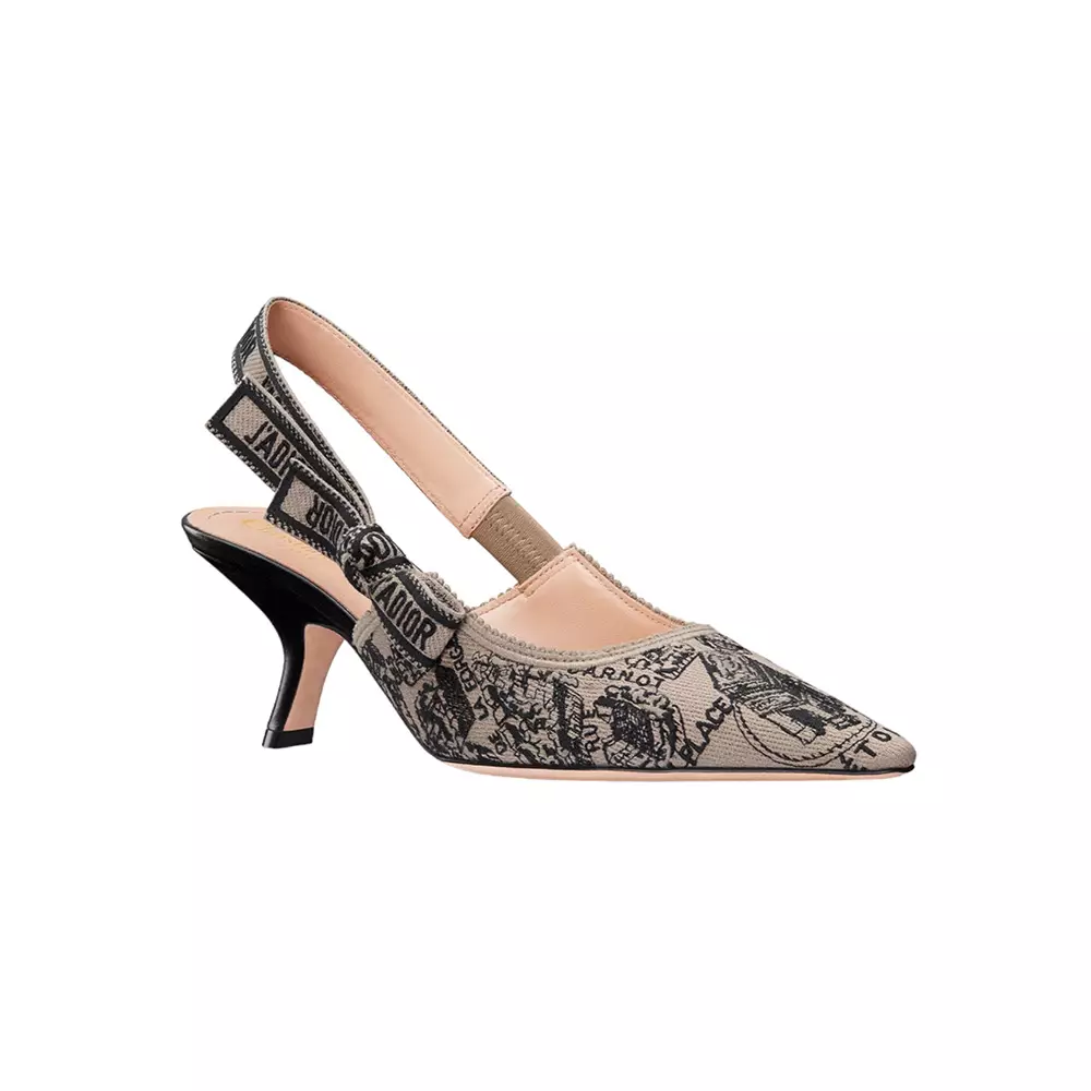 Christian Dior Slingback Heels Cotton Embroidered with Plan de Paris Motif Beige Black