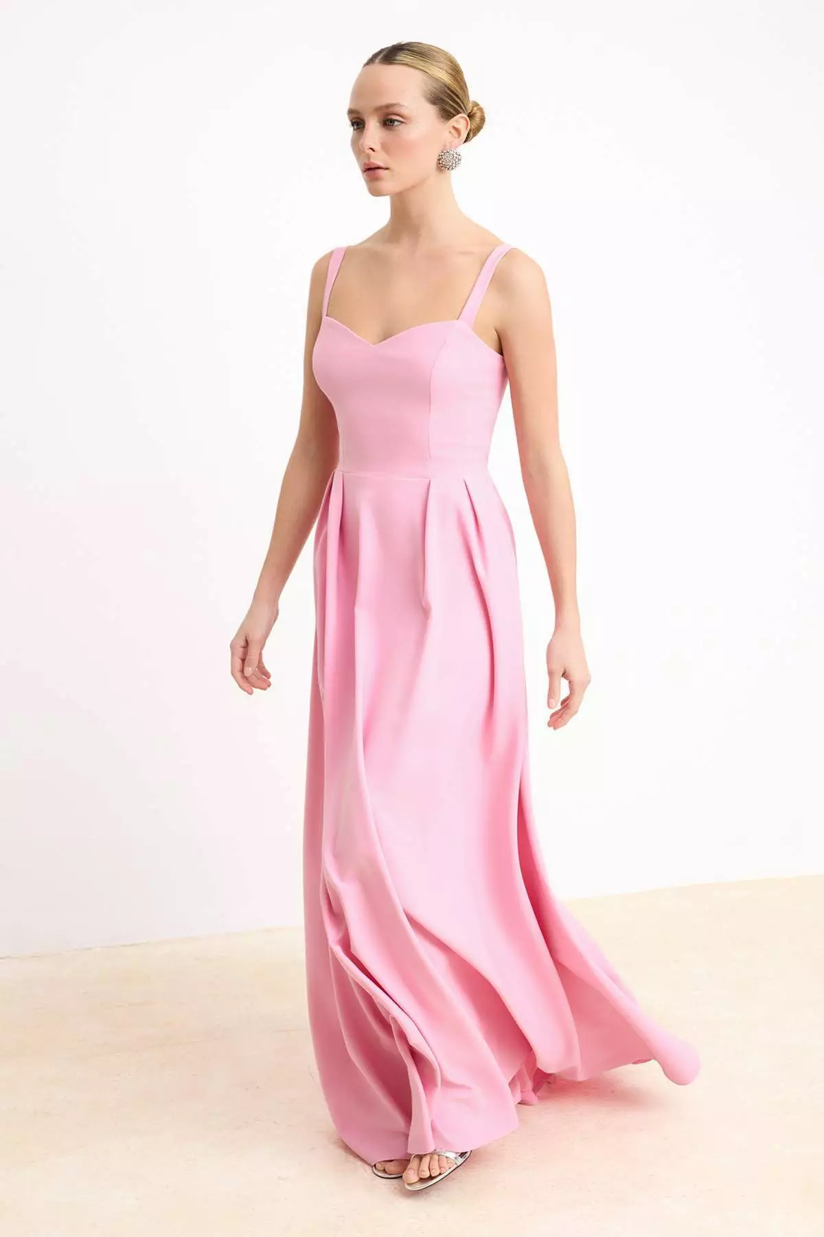 Light Pink Plain A-Line Bow Woven Finike Maxi Evening Dress & Graduation Dress