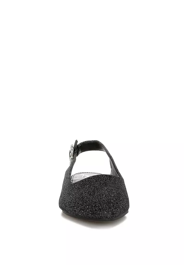 Glitter Slingback Flat Sandals in Black