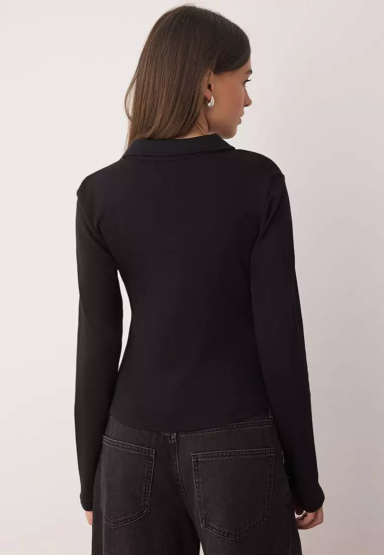 Black Polo Collar Zippered Gathered Body-Smoothing Flexible Knitted Blouse Twoaw26Bz00169