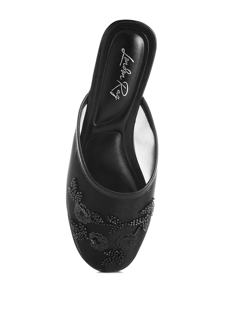 Mesh Sequin Beaded Mules In Black