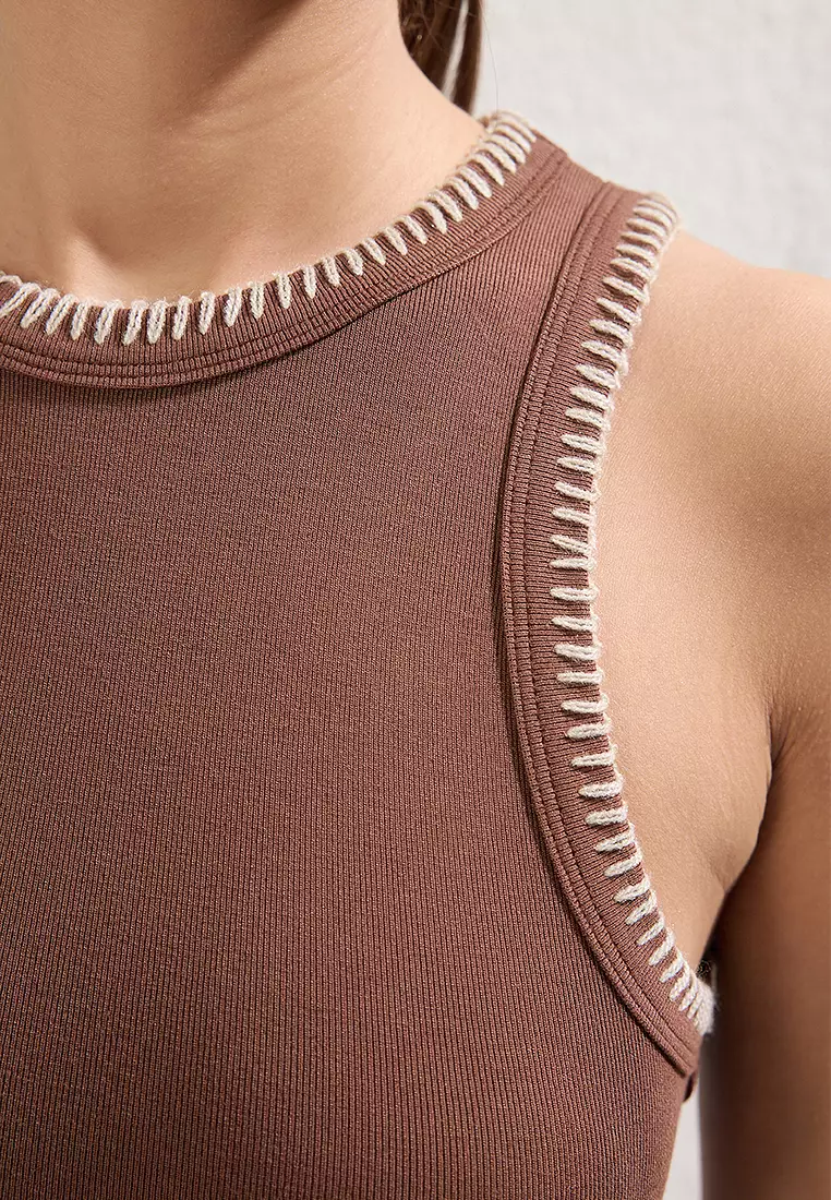 Brown Contrast Sewing Detailed Fitted Ribbed Stretch Knit Undershirt