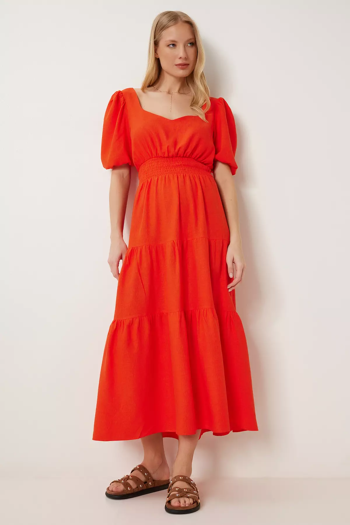 Women's Dark Orange Flounced Midi Linen Dress Fk00013