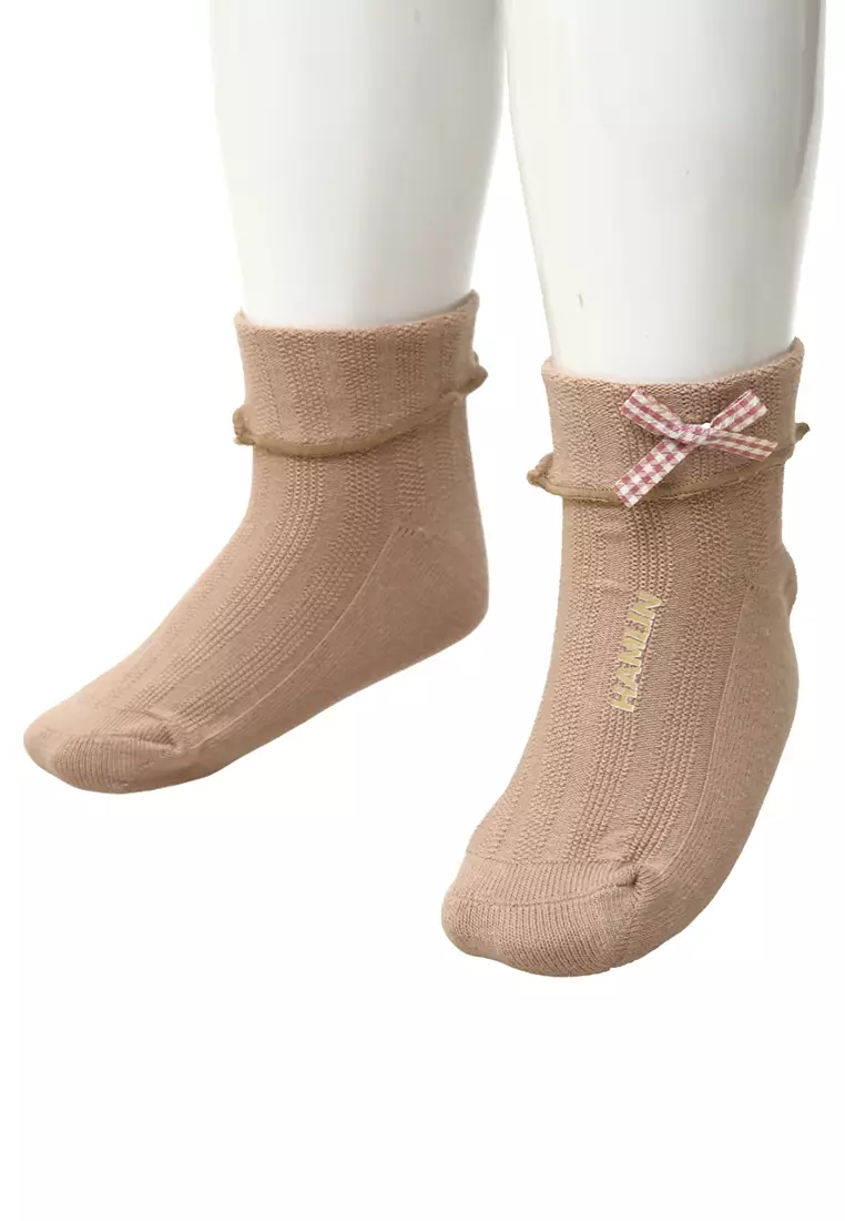 Candie Kaos Kaki Pendek Anak Perempuan Desain Plaid Pita Kids Socks Material Cotton ORIGINAL - Brown