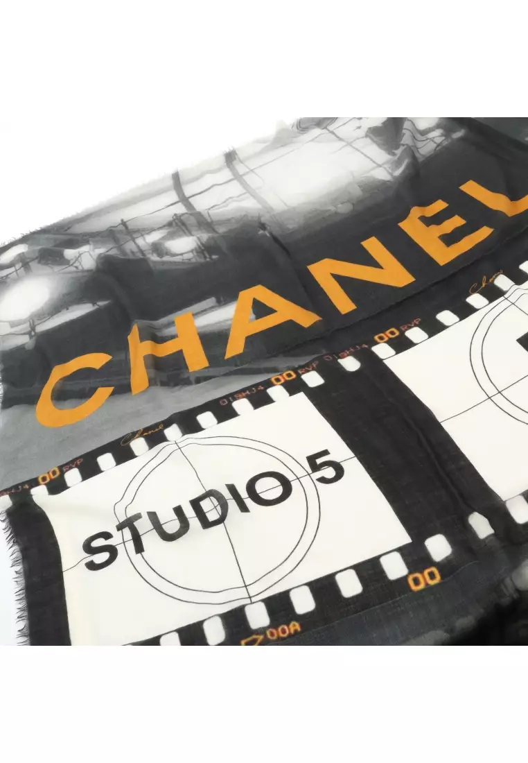 Pre-Loved Chanel coco mark scarf shawl cashmere black multicolor