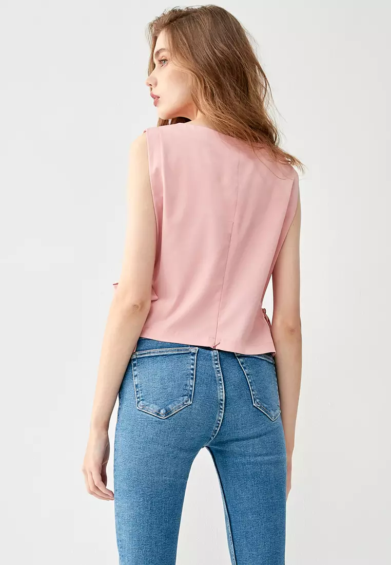 Pink Vest With Front Pleated Ruffle Detail