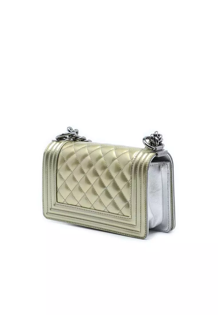 Pre-Loved Chanel Small Bicolor Quilted Metallic Patent Boy Flap