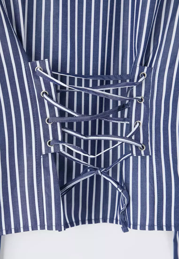 Navy Blue-White Corset Detailed Fitted Waist Shirt Twoaw26Go55
