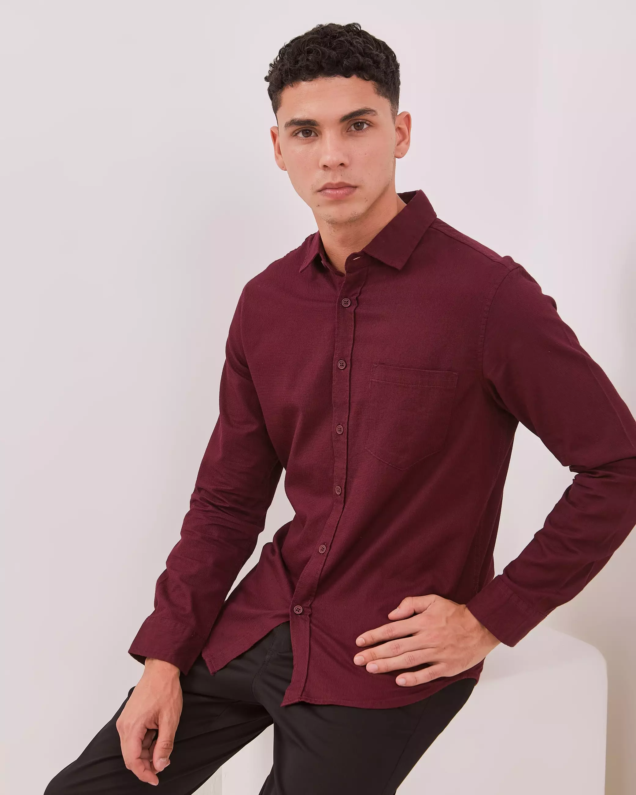 AMK Kemeja Pria Lengan Panjang SHS Henri Ls Burgundy