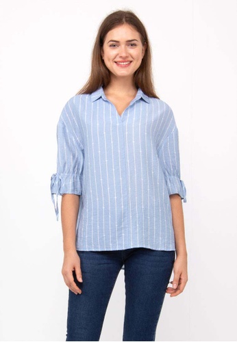 nicole blue nicole -  Fold Over Collar Short Sleeve With String Tie Blouse F4D3AAA2E6A7D0GS_1