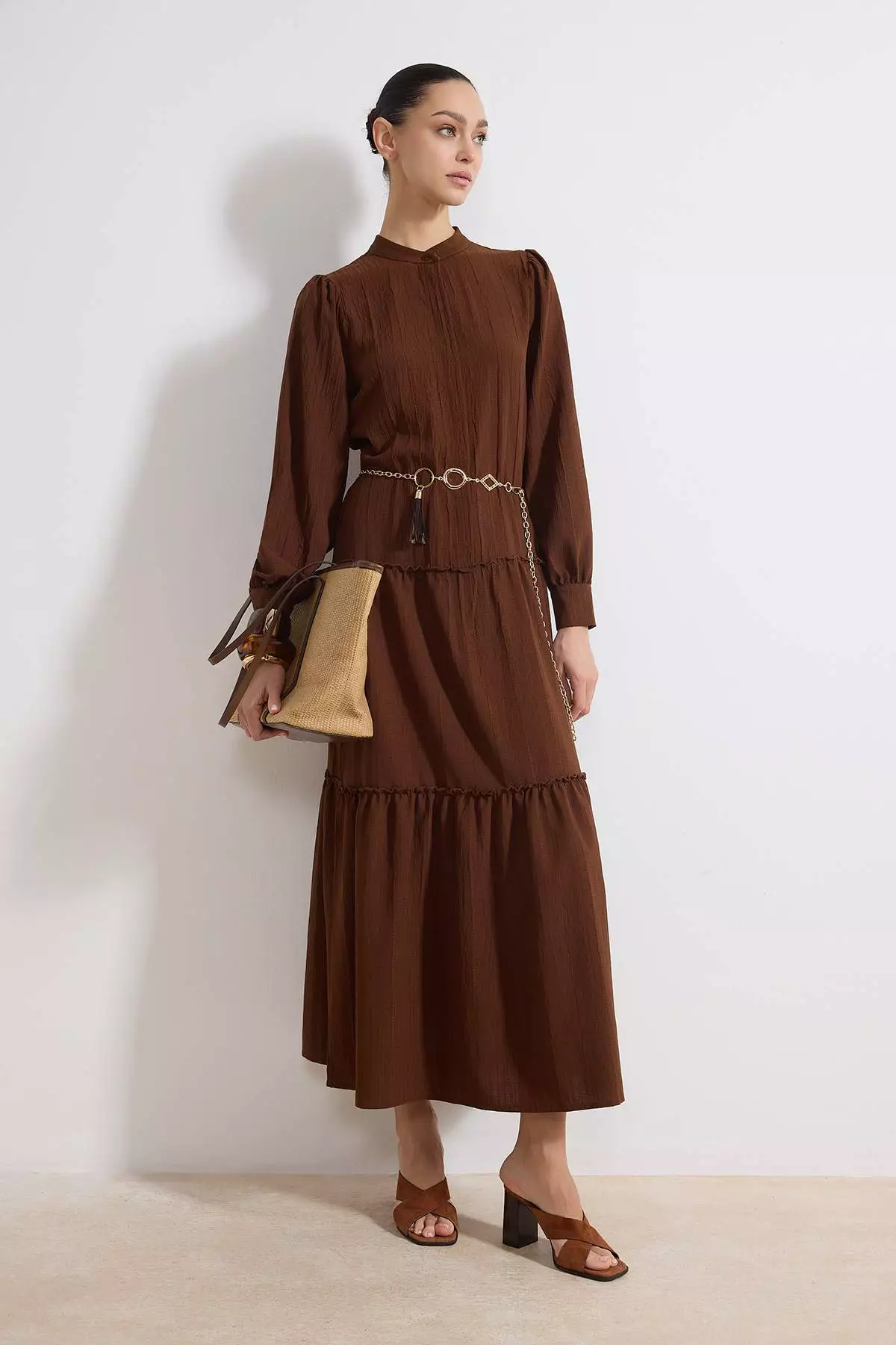 Brown Textured Fabric Chain Belt Detailed Woven Dress Tctss26Eb00034