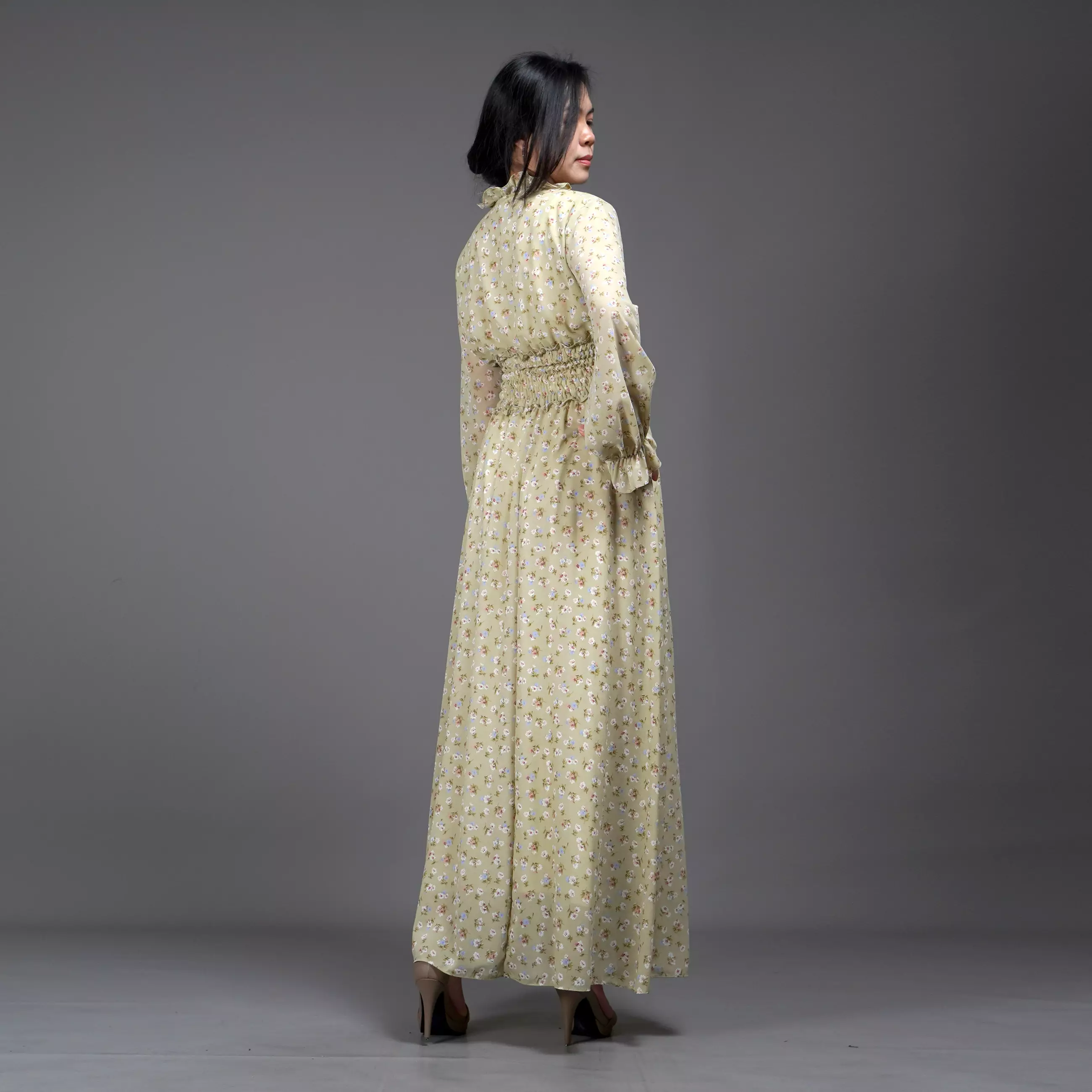  Dress SHALMA Long Dress Sifon Gaun Panjang Gaya Korea - Hijau