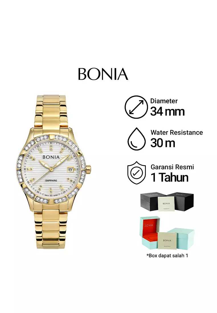 Bonia Sapphire Glass - Jam Tangan Analog Wanita - Silver White Dial - Gold Stainless Steel - B10738-2217S