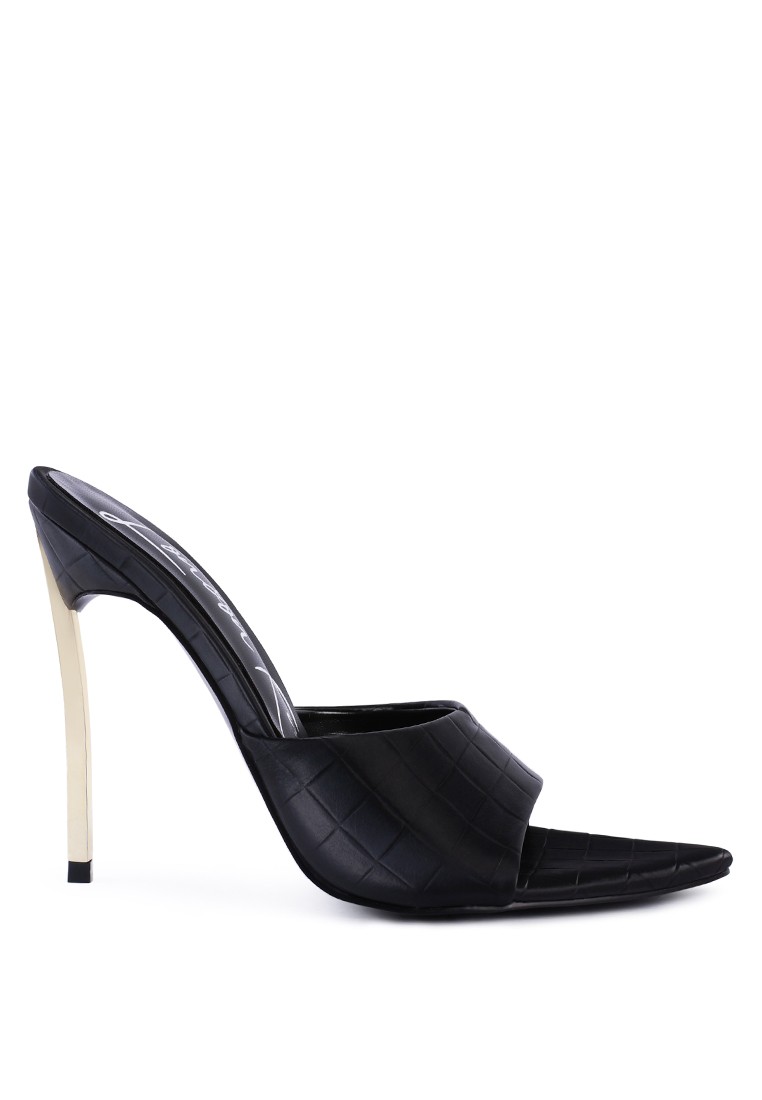 Black Croc Pointed High Heel Sandal