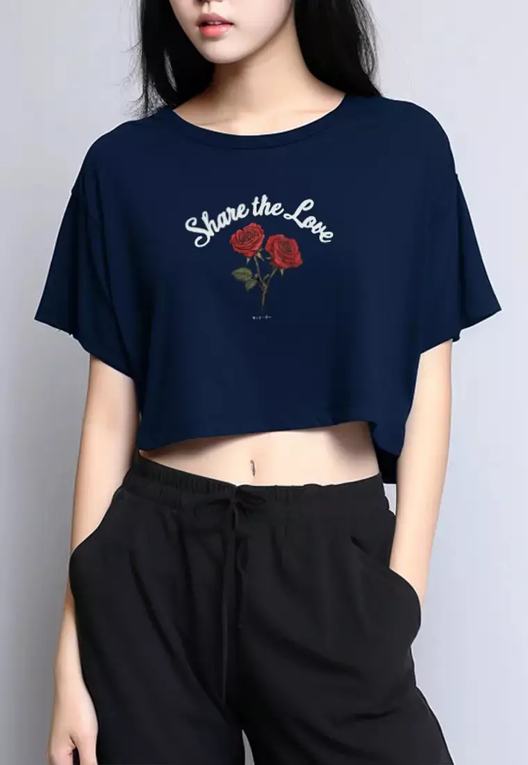 LTG34 Kaos gambar bunga mawar oversize olc "share the love" navy