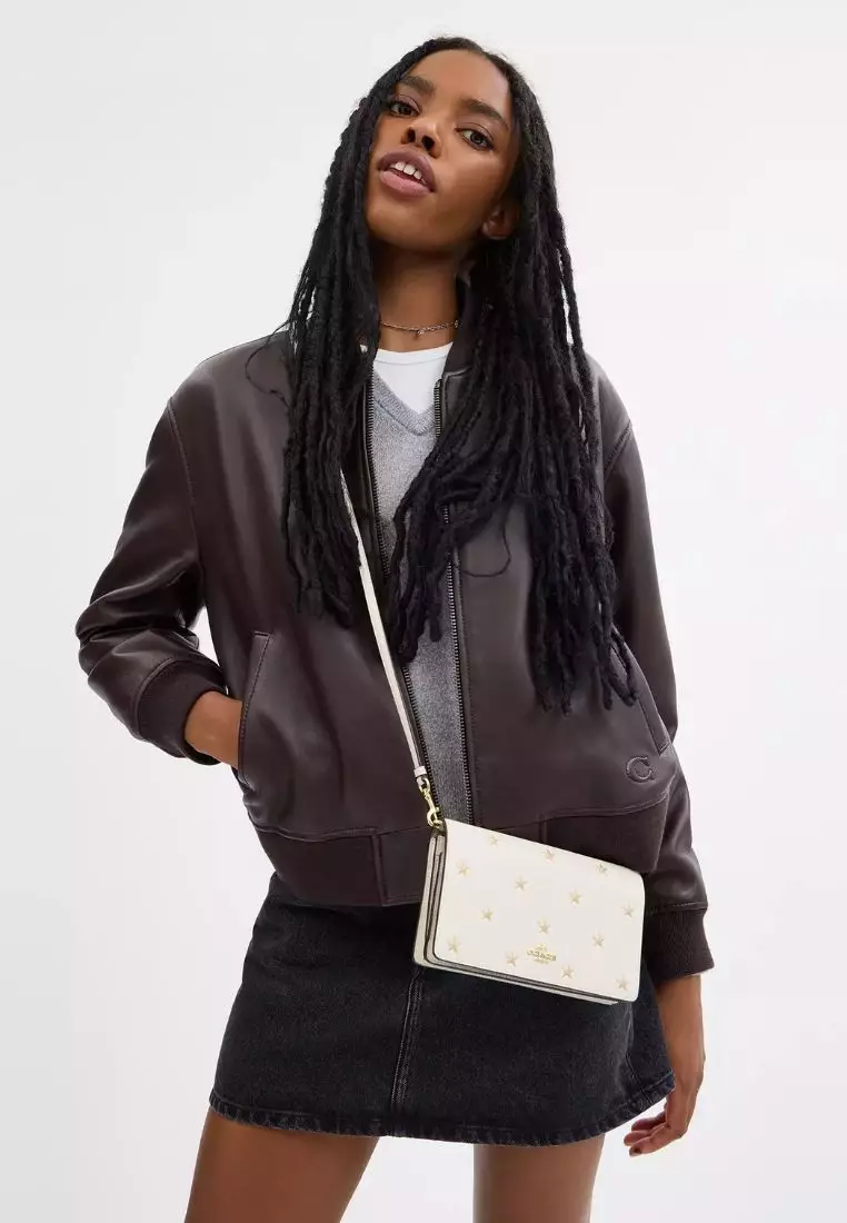 Boxed Anna Foldover Clutch Crossbody Bag And Card Case Set With Star Print Gold Chalk Multi