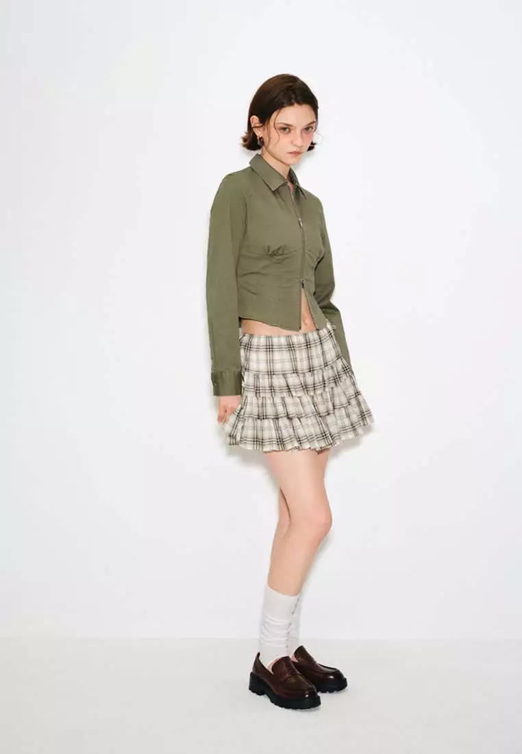 Drawstring Tie Side Plaid Layered Ruffle Cotton Mini Skirt