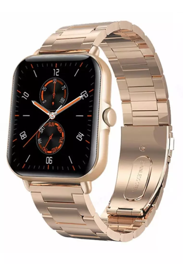 Unisex IOS/Android IP Gold Color SmartWatch with IP Gold Steel Bracelet + Free Black Rubber Strap