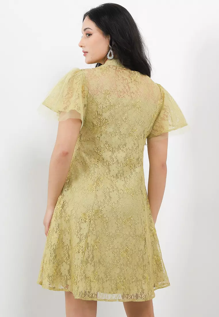 Ruffle Sleeve Mesh Detail Lace Shanghai Dress