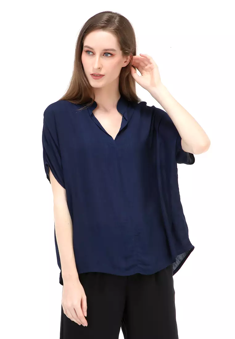 Nela Blouse Short Sleeves Wanita Motif Polos Atasan Casual - Navy