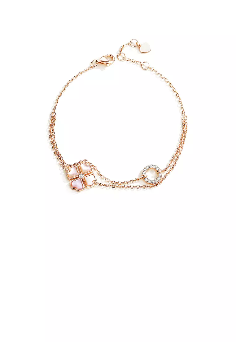925 Sterling Silver Plated Rose Gold Fashion Elegant Four leafed Clover Circle Double Layer Bracelet with Cubic Zirconia