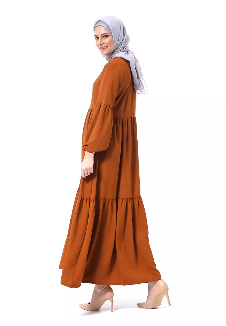 Tika Dress Wanita Gamis Muslimah Rubber Hands High Quality Premium - Cinnamon